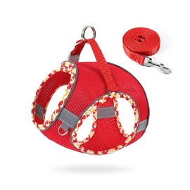 EarthPETS Step-in Checkered Pet Harness with a Free 59” inch Leash Included - Breathable Air Mesh for Dogs & Cats, with Reflective Straps, Safe Vest Built with Buckle & Double Metal Rings, Red, XS