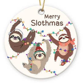Gift Glow Sloth Ornaments for Christmas Tree - Funny Christmas Ornaments 2024, Sloth Decor, Double Sided Sloth Ornament, Sloth Gifts for Women, Ceramic Christmas Hanging Ornaments