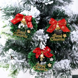 4Pcs Christmas Wreath Decorations, Mini Christmas Wreaths with Bow & Golden Bell, Green Artificial Christmas Wreath for Christmas Tree Holiday Home Decoration