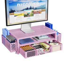 Simple Trending 2 Tier Metal Monitor Stand Monitor riser and Computer Desk Organizer with Drawer and Pen Holder for Laptop, Computer, iMac, Pink