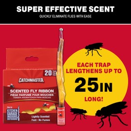 Catchmaster Fly Ribbon 20-Pack, Bug & Fruit Fly Traps Outdoor and Indoor, Premium Adhesive Sticky Strips & Gnat Hanging Strips, Bulk Flying Insect Paper Rolls, Pesticide-Free Home Pest Control