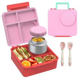 Bento Lunch Box Set for Kids with 8oz Soup Thermo, Leak-Proof Lunch Containers with 4 Compartment, Kids Thermo Hot Food Jar and Insulated Lunch Bag for Kids to School (Purple)