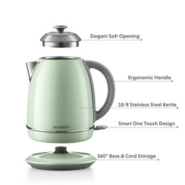 BUYDEEM K640 Stainless Steel Electric Tea Kettle with Auto Shut-Off and Boil Dry Protection, 1.7 Liter Cordless Hot Water Boiler with Swivel Base, 1440W, Cozy Greenish