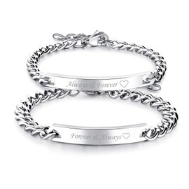 Flongo Partner Bracelet, BFF Friendship Bracelet For 2, A Pair Of Stainless Steel Bracelets, Bangle, Silver Curb Chain Partner Bracelets, For Men And Women, Gift Ideas, Customisable, Stainless Steel, Always and Forever