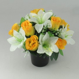 Yellow Rose and Lily Artificial Flower Grave/Memorial Arrangement