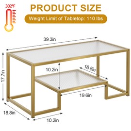 Wolawu Coffee Table Gold Glass Coffee Table for Living Room,2 Tiers Rectangle Center Table with Ribbed Glass Top and Sturdy Metal Frame,Modern Glass Accent Table for Bedroom Home Office