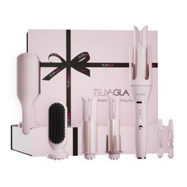 5 in 1 Auto Curling Iron Set with Interchangeable Barrels - 1", 1.25", 1.5" Curling Wand, Hair Crimper & Straightening Brush, Rotating Ceramic Curler, 3 Temp, Dual Voltage, Anti-Scald, Pink