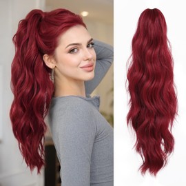 XIXISNOW 22'' Claw Clip Ponytail Extension for Women Fluffy Layered Clips On Synthetic Hair Heat Resistant & Natural Look Curly Hair Extensions Clip-ins Wedding Party Daily Use(Burgundy, 6OZ)