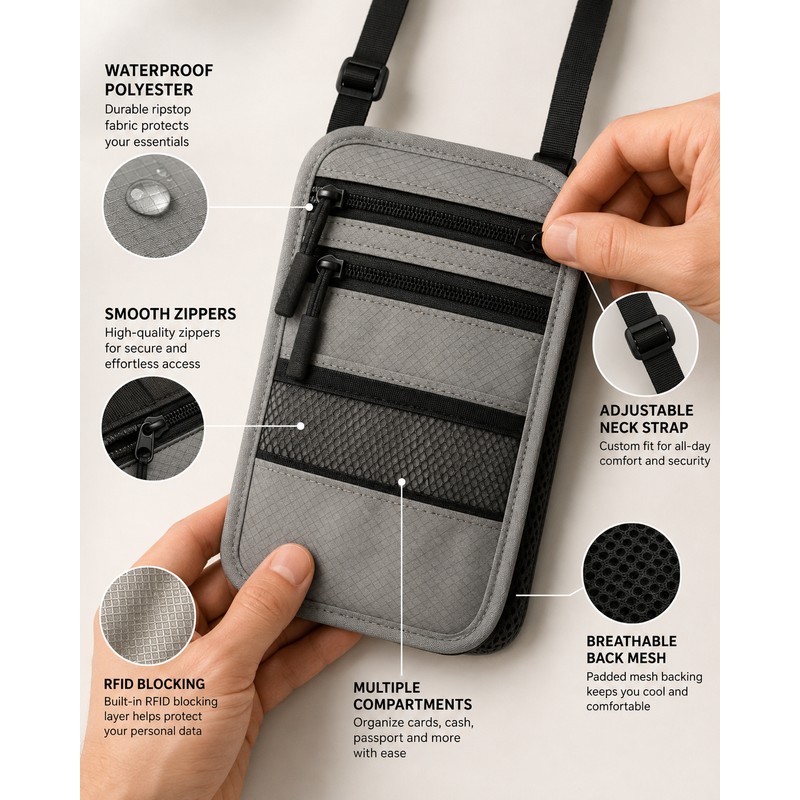 RFID Blocking Travel Neck Wallet for Passports – Lightweight Hidden
