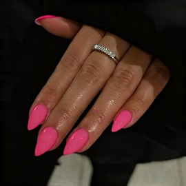 SXVME Neon Pink Press On Nails Almond - Acrylic Press On Nails Medium Stiletto, Opaque Solid Hot Pink Fake Nails with Glue, Fit Perfectly, Reusable Soft Gel Stick on Nails for Women, 24 Pcs