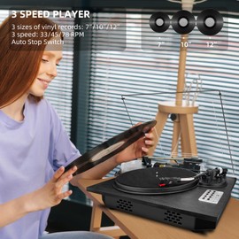 BIGMONAT Vinyl Record Player, 3 Speed Turntable with Bluetooth Built-in Speakers Record Player Vinyl USB Direct MP3 Recording Phonograph Player, Adjustment Counterweight Pitch Control, Black