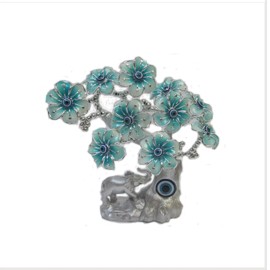Cal Mart Gifts Turkish Blue Evil Eye light blue Flower Money Fortune Tree & Elephant 9.5”(H)