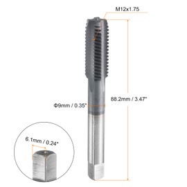 sourcing map M12x1.75 Metric Thread Tap 6542 Cobalt High-Speed Steel TiCN Coated Plug Tap Left Hand Straight Flutes Screw Threading Hand Tap