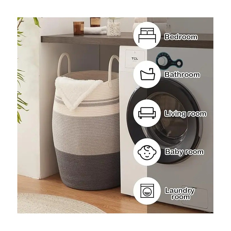 OIAHOMY Laundry Hamper Woven Cotton Rope Large Clothes Hamper 25.6"