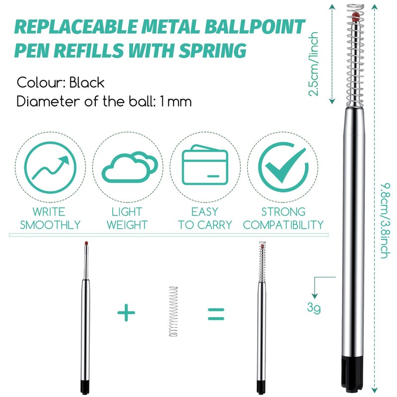 Zonon 5 Pieces Replaceable Metal Ballpoint Pen Refills With Spring