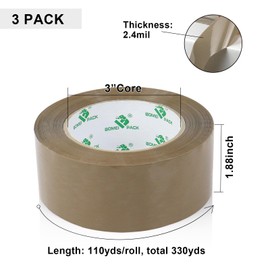 BOMEI PACK Brown Packing Tape, 3 Rolls for 1.88 inches Wide, 110 Yards Per Roll,Heavy Duty Packaging Tape for Shipping Packaging Moving Sealing, 2.4mil Thick, 330 Total Yards