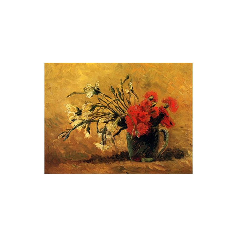 Vase with Red and White Carnations on Yellow Background by