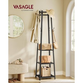 VASAGLE Coat Rack, Coat Stand with 3 Shelves, Hall Tree Free Standing with Hooks for Scarves, Bags, Umbrellas, Steel Frame, Industrial Style, for Entryway, Living Room, Charcoal Gray ULCR080B03