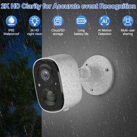 Camii 2K HD Security Cameras Outdoor 2K Wireless Camera with Battery Powered 2.4g WiFi Security HD Camera for Indoor/Outdoor Color Night Vision 2-Way Talk IP65 Waterproof, SD Card/Cloud Storage