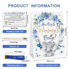 How Big is Mommy's Belly Baby Shower Game, juego decorativo de elefante de rosa azul (1 letrero + 50 tarjetas, 3 cintas medidoras + 10 lápices), It's a Boy
