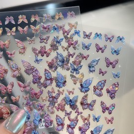 TailaiMei Butterfly Nail Stickers, 2 Sheets 5D Glitter Design Self-Adhesive Nail Art Decals for DIY Nail Decorations (513)