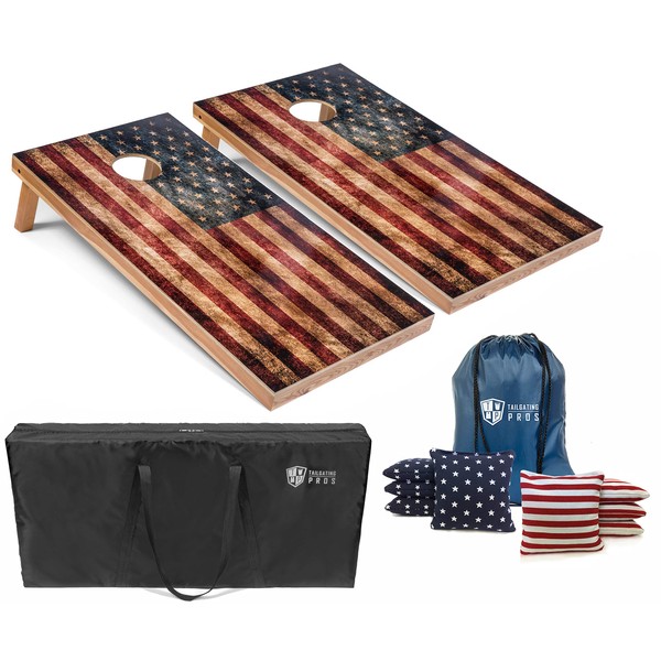 Tailgating Pros Regulation Cornhole Boards Flag Set - Includes 8 Bean Bags, Carrying Cases, and 4'x2' Corn Hole Toss Game - Optional LED Lights