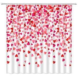 Valentine's Day Shower Curtain Red Pink Heart Falling Sweet Love Romantic Watercolor Fabric Curtain with Hooks for Bathroom Decor,70x70 Inch