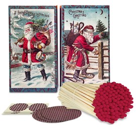 Thankful Greetings HomArt Decorative Matchbox w/ 4 Inch Matches & Refill | Set of 6 Vintage Santa Boxes + 100 Red Tip Matches & Striker Stickers Unique for Gifts, Home Decor & Candle Accessories