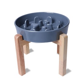 Dog Slow Feeder Bowl, Round Ceramic Pet Food Bowl for Medium Breed, Fun Raised Dog Bowls to Slow Down Eating (Grey, M-1.3 Cups+Stand)