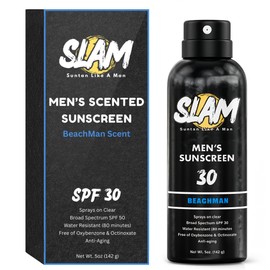 Slam Lotion SLAM BeachMan Men's Scented Sunscreen Spray SPF 30 – Broad Spectrum Sun Screen Spray for Face & Body, Water & Sweat Resistant Spray Sunscreen SPF 30, UVA/UVB Protection, Sunblock Spray for Men