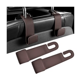 KHGUZ 2PCS Car Seat Headrest Hook, Leather Vehicle Seatback Organizer Hanger for Hanging Purses Bags Coats, Auto Seat Back Storage Hook Accessories, Universal for SUV, Sedan, Truck (Brown)