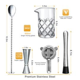 LIGHTEN LIFE Cocktail Mixing Glass Set,Bar Mixing Set with 20oz Crystal Thick Bottom Glass,Spoon, Jigger,Strainer and Muddle,5 Pieces Cocktail Mixing Glass Kits Perfect for Amateurs and Bartenders