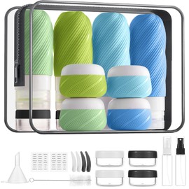 23 Pack TSA Approved Travel Bottles for Toiletries, Leak Proof Refillable Travel Size Containers Kit with Silicone Squeezable Bottles Jars for Shampoo Lotion Conditioner, in Clear Bag, Blue