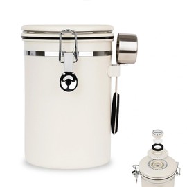 watchget Airtight Coffee Canister Coffee Bean Storage One Way Releasing Valve Container with Date Tracker and Scoop 1.8 Liter Stainless Steel Food Storage Container Canister, Creamy White