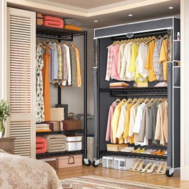 Raybee Clothes Rack with Cover, 81" H Clothing Racks for Hanging Clothes, Portable Closet with Wheels, Heavy Duty Garment Rack with Side Pockets and Adjustable Feets, Max Load 440LBS, Black