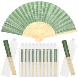 Menkxi 30 Pcs Silk Fabric Folding Fans Bulk for Wedding Guests Thank You Bamboo Folded Hand Fan for Bridal Shower Decorations Favors Vintage Handheld Fans Souvenirs with Organza Bags(Sage)