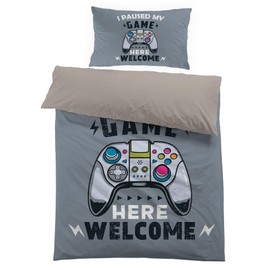 HOMHOMHA Gamer Bedding Set Single Gaming Duvet Cover Set for Kids Boys Youth Teens Gray Gamepad Bed Duvet Video Games Quilt Cover Modern Bedroom Decor, Single 135 x 200 cm