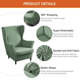 Wingback Chair Slipcover 2-Piece Stretch Wingback Chair Sofa Slipcover Leaf Jacquard Chair Cover Furniture Protector Couch Soft with Elastic Bottom for Living Room, Leaf Green