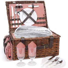Picnic Basket Set for 2 Persons with Cooler and Waterproof Picnic Blanket, Classical Wicker Picnic Baskets with Waterproof & Sand-Proof Beach Mat,Willow Hamper Service Gift Set