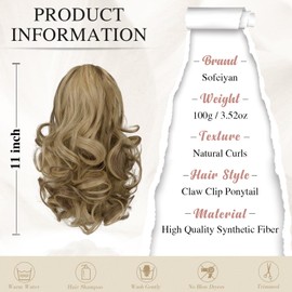 Sofeiyan Ponytail Extension 11" Claw Clip in Ponytail Hair Extensions Curly Wavy Ponytail Fluffy Synthetic Hairpiece for Women Daily Use,Light gold mixed with white gold