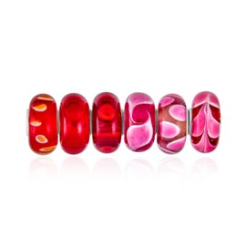 Mixed 6 Set Of Bundle .925 Sterling Silver Core Translucent Shades Of Red Pink Murano Glass Swirl Flower Charm Bead Spacer Fits European Bracelet For Women Teen