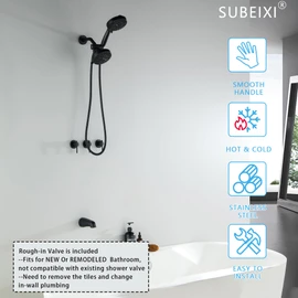 SUBEIXI 3 Handle Tub Shower Faucet Matte Black Bathtub Shower Faucet Set with Tub Spout, 3 Knob Shower Tub Faucet Set, Wall Mount