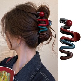 Wave Hair Clips for Women, Large Acrylic Hair Claw Clips Red Blue Brown Grey Waves Hair Barrettes Red Beads Designs Strong Hold Jaw Clip Nonslip Catch Clips Cute Hair Accessories for Thick Thin Hair
