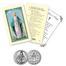 Laminated Miraculous Medal Prayer Card - Pocket Token, The Lord's Prayer - Double Sided Virgin Mary Card, Token Theme Set of 3 Items