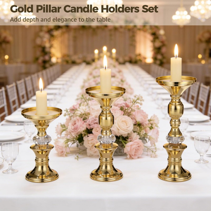 3 Pcs Gold Pillar Candle Holders Set, Elegant Metal Crystal