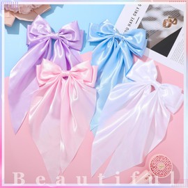 4 Pcs Hair Bows for Women Girls, Large Satin Bow Hair Ribbon Long Tail Bow Hair Clips Pink Bows for Hair White Bow Blue Hair Bow Purple Bow Hair Accessories for Birthday Wedding