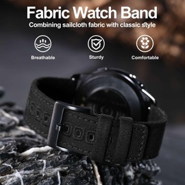 WOCCI 20mm Watch Band, Sailcloth Fabric, Quick Release, Replacement Strap, Black Buckle (Black)