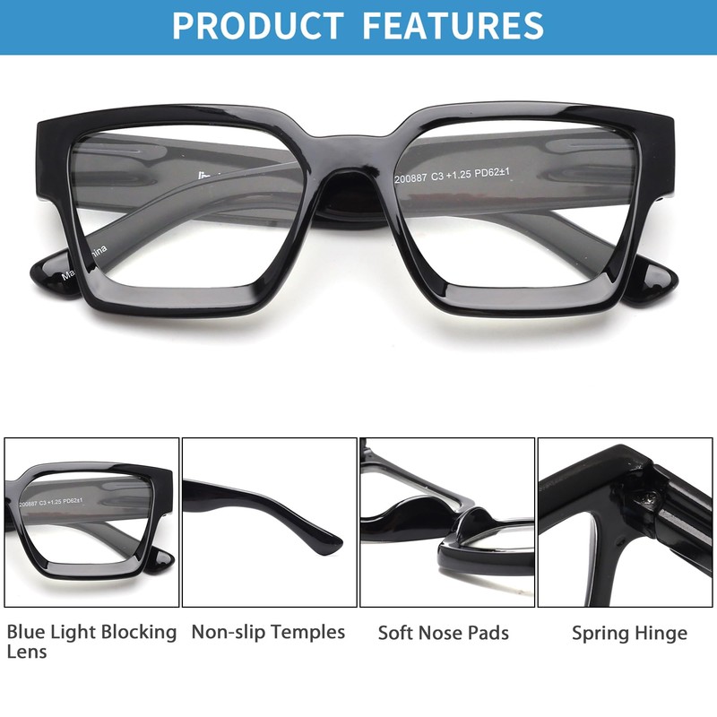 JM 3 Pack Square Reading Glasses, Blue Light Blocking Computer
