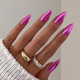 Qsnidy Purple Pink Chrome Press on Nails Medium Almond False Nails with Metallic Mirror Design, Gorgeous Rose Stiletto Fake Nails with Glue for Women Party Wear, Glossy Stick on Nails Press ons, 24PCS