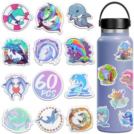 Bifarde 60Pcs Cute Cartoon Dolphin Stickers - Vinyl Waterproof Aesthetic Kawaii Delphis Decals for Laptop, Luggage, Notebooks, Water Bottles, Skateboards, Phones, Guitar